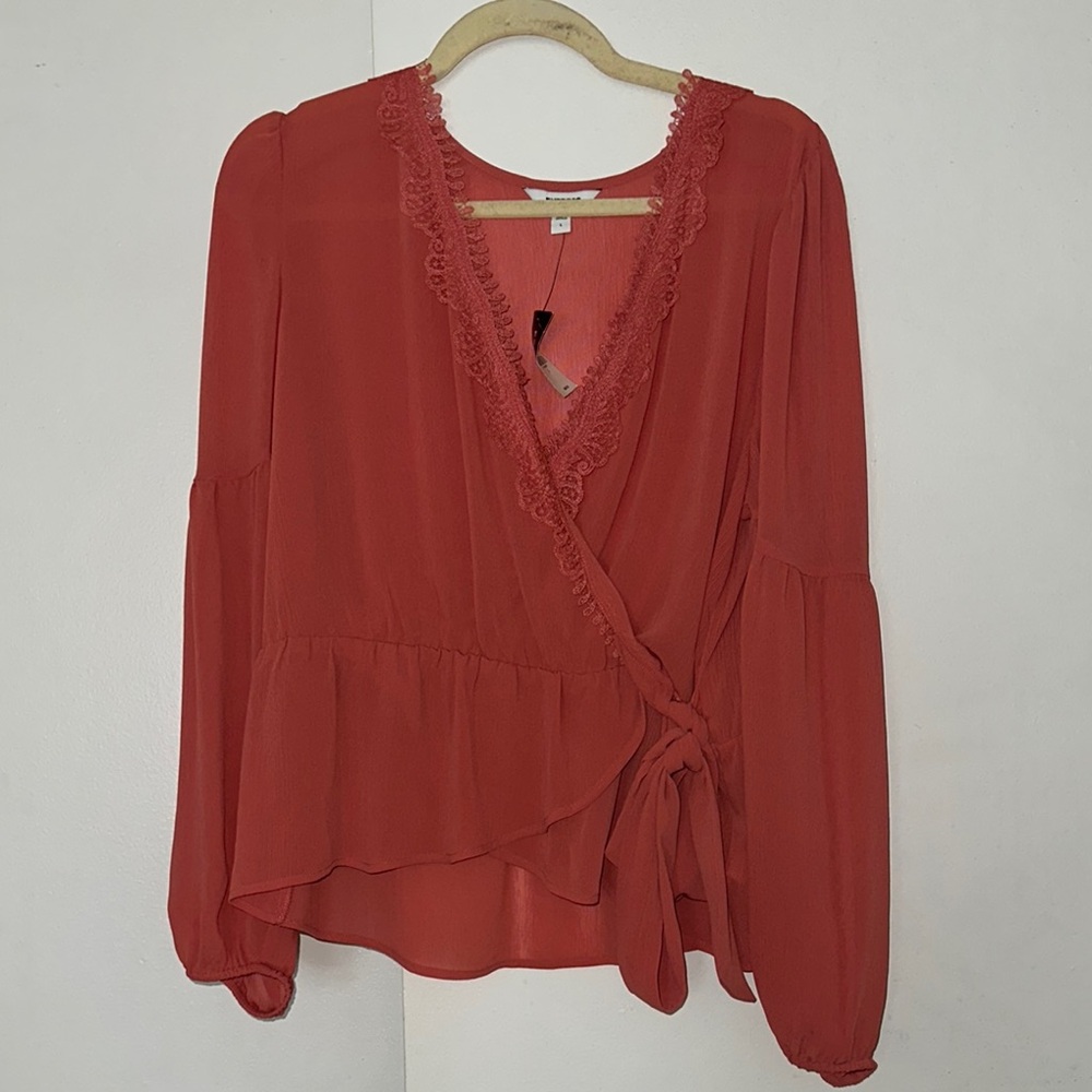 Express Peach Wrap Blouse with Ruffled Tie Front